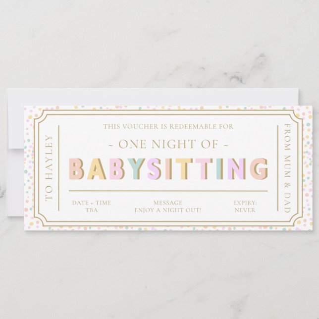 Pastel Dot Babysitting Gift Voucher Card (Front)
