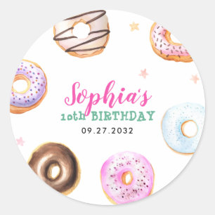 Pastel Doughnut Star Sprinkles Pink Script Birthda Classic Round Sticker