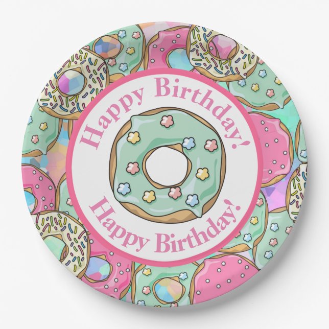 Pastel Doughnuts Happy Birthday Paper Plate (Front)