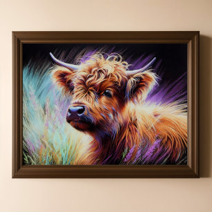 Pastel Drawing Baby Highland Cow Lavender Poster