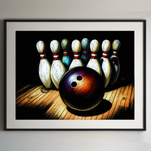 Pastel Drawing Bowling Strike Poster