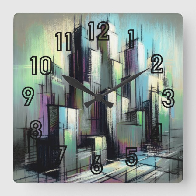 Pastel Drawing Futuristic City Abstract Square Wall Clock (Front)