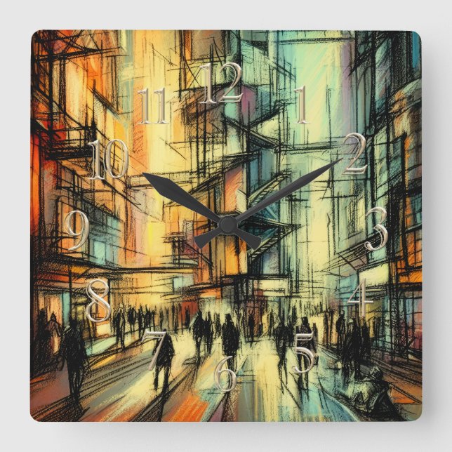 Pastel Drawing Futuristic Comic Style City Square Wall Clock (Front)