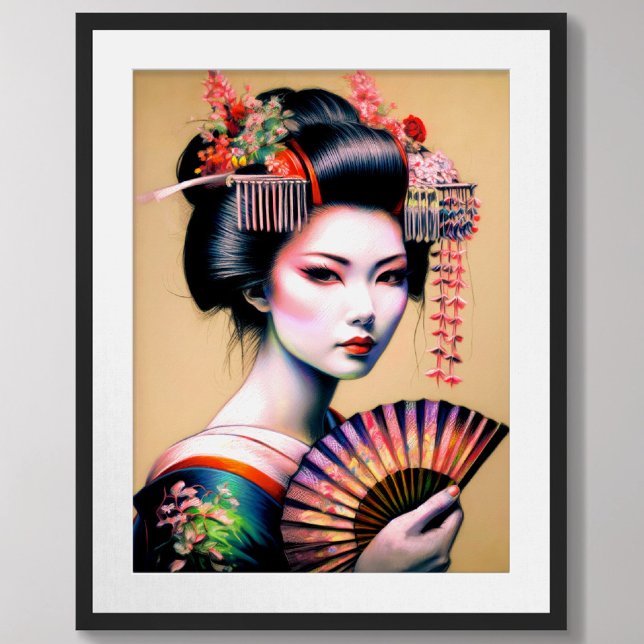 Pastel Drawing Geisha Kimono Fan Poster (Creator Uploaded)