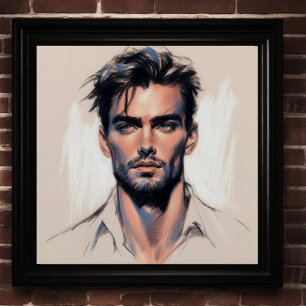 Pastel Drawing Handsome Man Blue Eyes Beard Poster