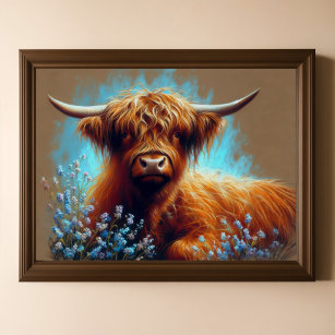 Pastel Drawing Highland Cow Blue Flowers Poster