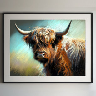 Pastel Drawing Highland Cow  Poster