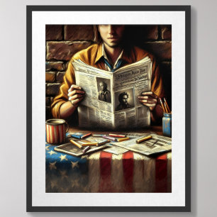Pastel Drawing Newspaper Reader Poster