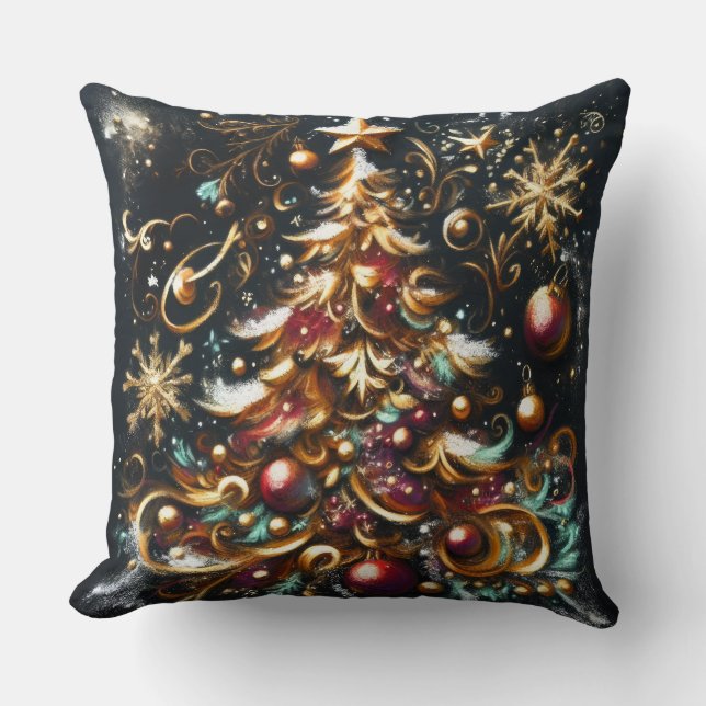 Pastel Drawing of a Christmas Tree Whimsical Cushion (Front)
