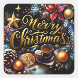 Pastel Drawing of a Christmas Whimsical Square Sticker