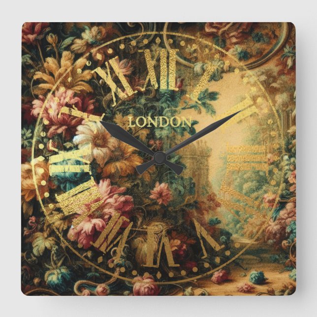 Pastel Drawing of an Antique Tapestry Cloth Square Wall Clock (Front)