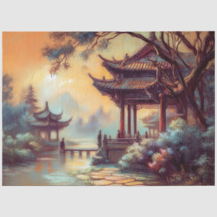 Pastel Drawing of Ancient Chinese Pagoda Village Tissue Paper