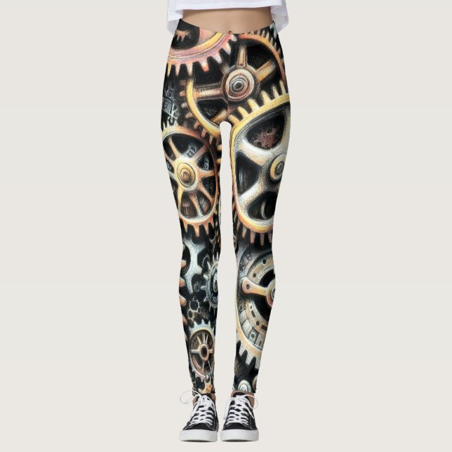 Pastel Drawing of Cogs Gears Steampunk Leggings (Front)