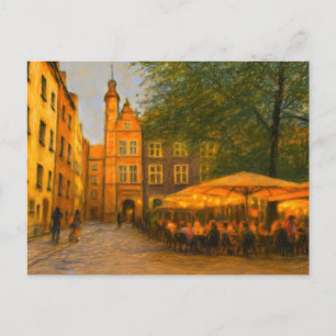 Pastel drawing of Danzig old town restaurants near Holiday Postcard