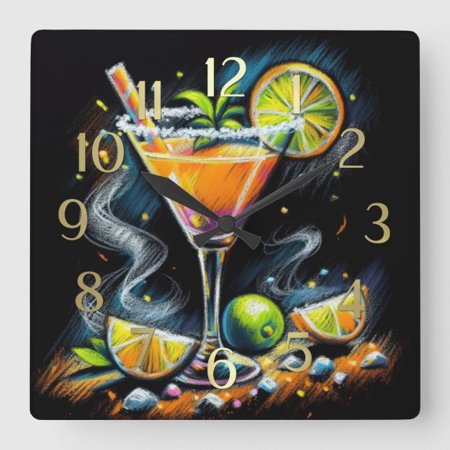 Pastel Drawing Orange Pink Cocktail Citrus Slices Square Wall Clock (Front)