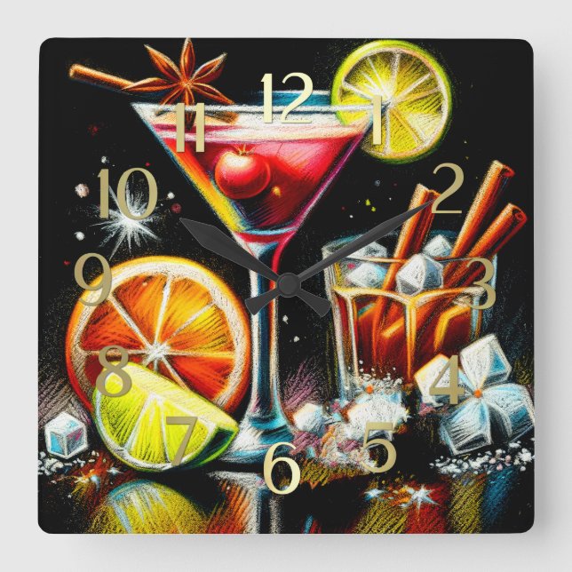 Pastel Drawing Pink Cocktail Citrus Slices Spices Square Wall Clock (Front)