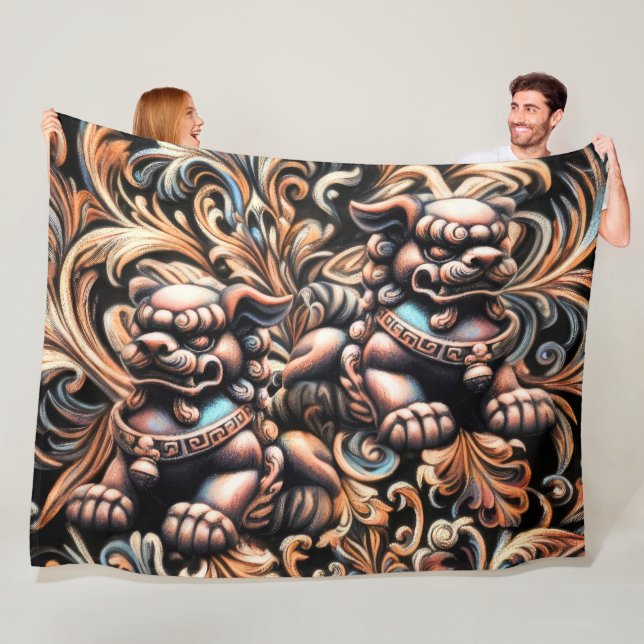 Pastel Drawing Shi Fu Dog Foo Dog Protection Fleece Blanket (In Situ)