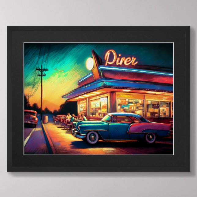 Pastel Drawing Vintage Roadside Diner and Car Poster (Creator Uploaded)