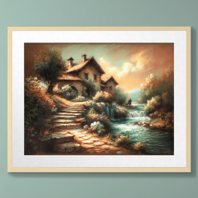Pastel Drawing Vintage Style Landscape Water House Poster (Creator Uploaded)