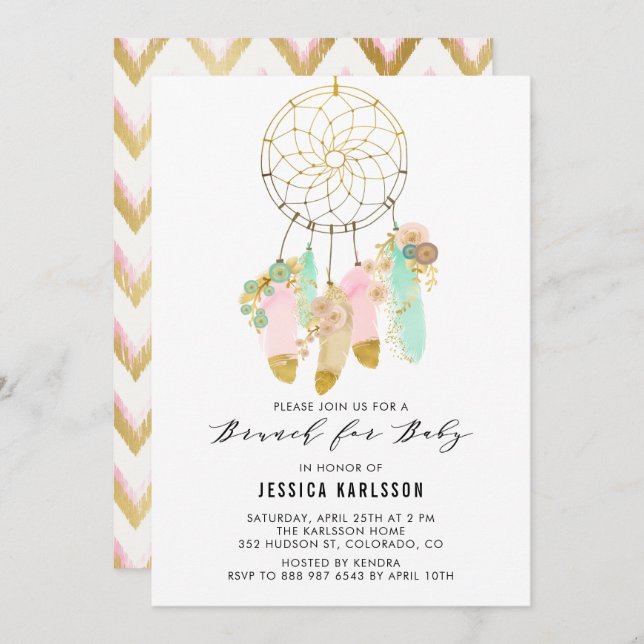Pastel Dreamcatcher Gold Foil Baby Shower Brunch Invitation (Front/Back)