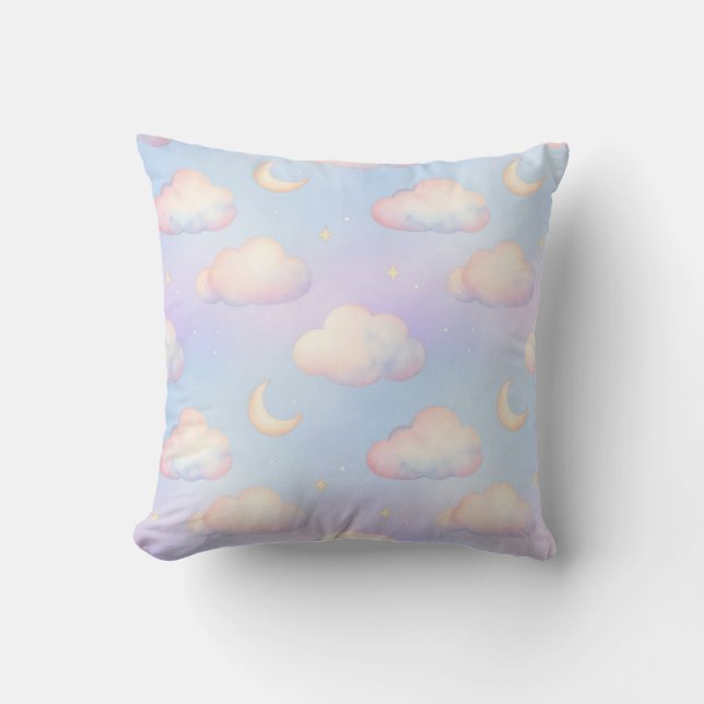 Pastel Dreamy Clouds Crescent Moon Pattern Cushion (Front)