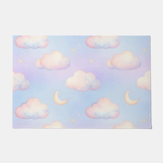 Pastel Dreamy Clouds Crescent Moon Pattern Doormat (Front)