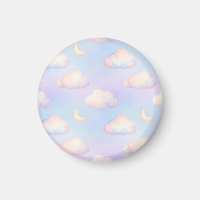 Pastel Dreamy Clouds Crescent Moon Pattern Magnet (Front)