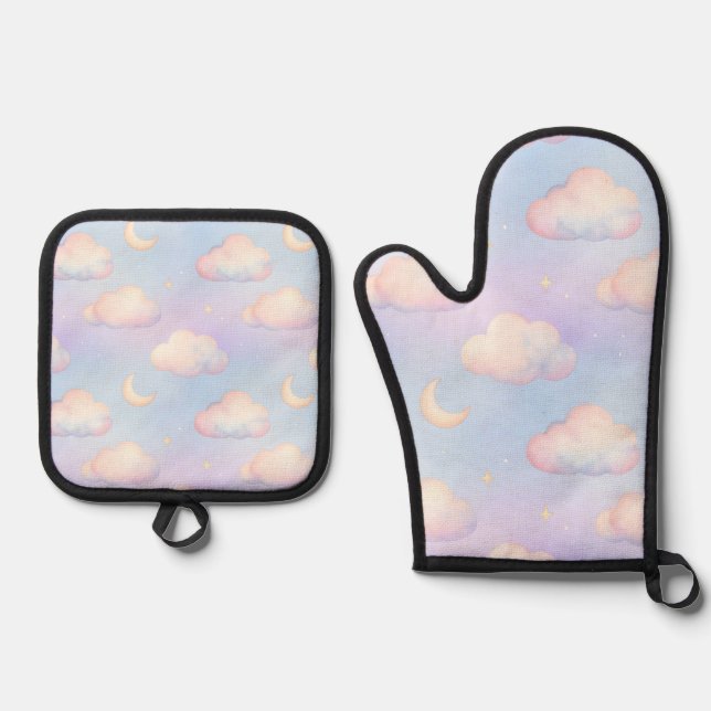 Pastel Dreamy Clouds Crescent Moon Pattern Oven Mitt & Pot Holder Set (Front)