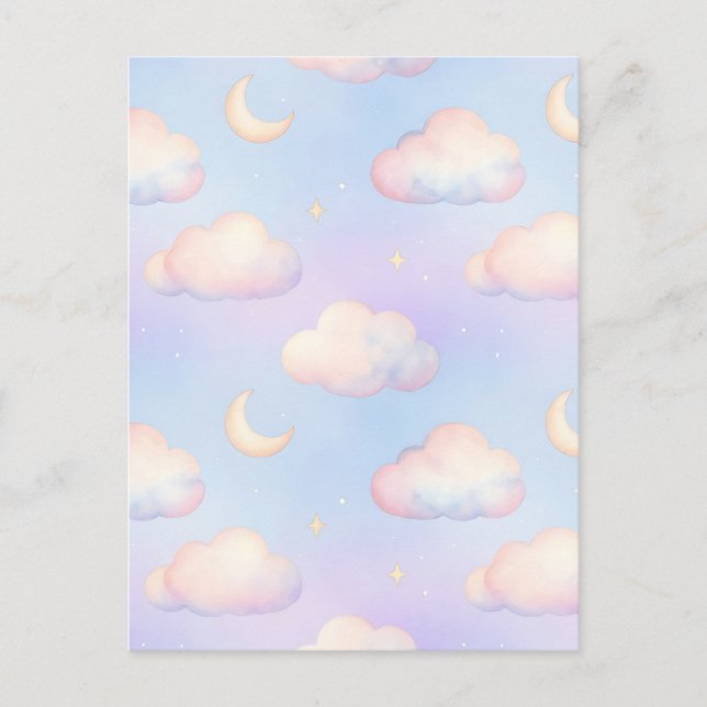 Pastel Dreamy Clouds Crescent Moon Pattern Postcard (Front)