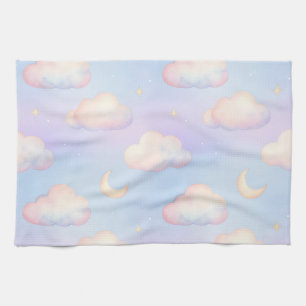 Pastel Dreamy Clouds Crescent Moon Pattern Tea Towel