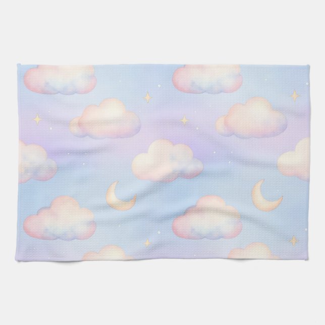 Pastel Dreamy Clouds Crescent Moon Pattern Tea Towel (Horizontal)
