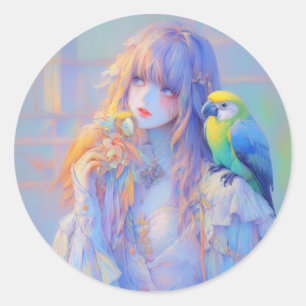 Pastel Dreamy Pet Parrot Pirate Anime Girl Classic Round Sticker