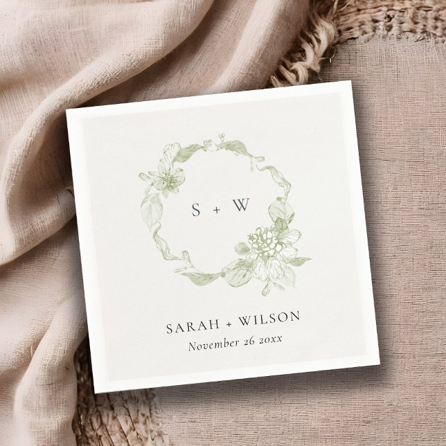 Pastel Dusky Green Floral Wreath Wedding Monogram Napkin (Creator Uploaded)