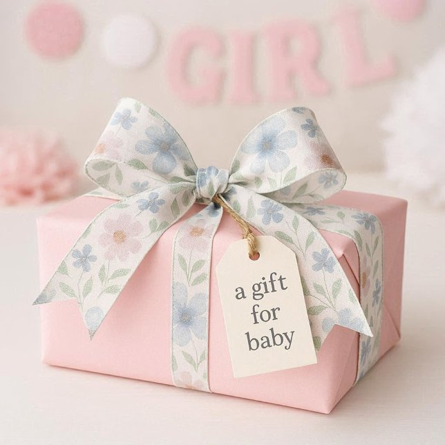 Pastel Dusty Blue & Pink Floral Watercolor   Satin Ribbon (Pastel floral ribbon adds soft charm to gifts, crafts, and baby shower bows)