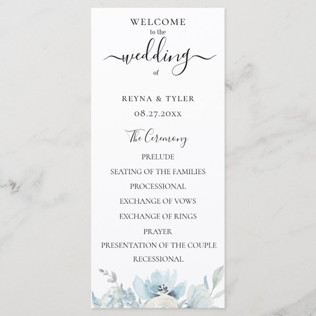 Pastel Dusty Blue Watercolor Floral Wedding Programme (Front)