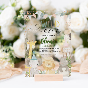 Pastel Earthy Safari Wild One 1st Birthday Acrylic Invitations