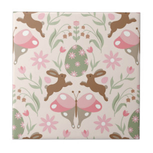 Pastel Easter Bunny and Flower Pattern Tile