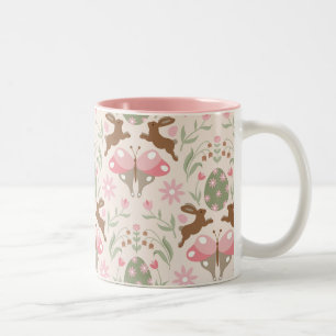 Pastel Easter Bunny and Flower Pattern Two-Tone Coffee Mug