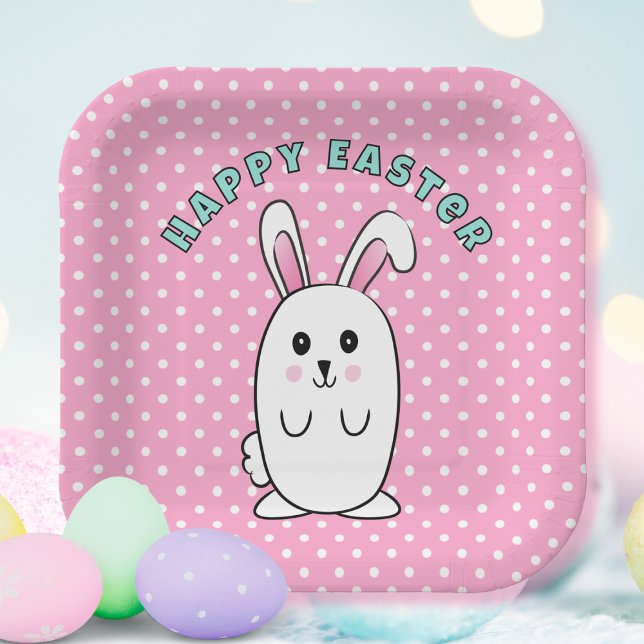Pastel Easter Bunny Cartoon Pink White Blue Cute Paper Plate (Creator Uploaded)