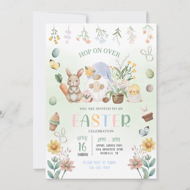Pastel Easter Bunny Gnomes Egg Hunt Invitation (Front)
