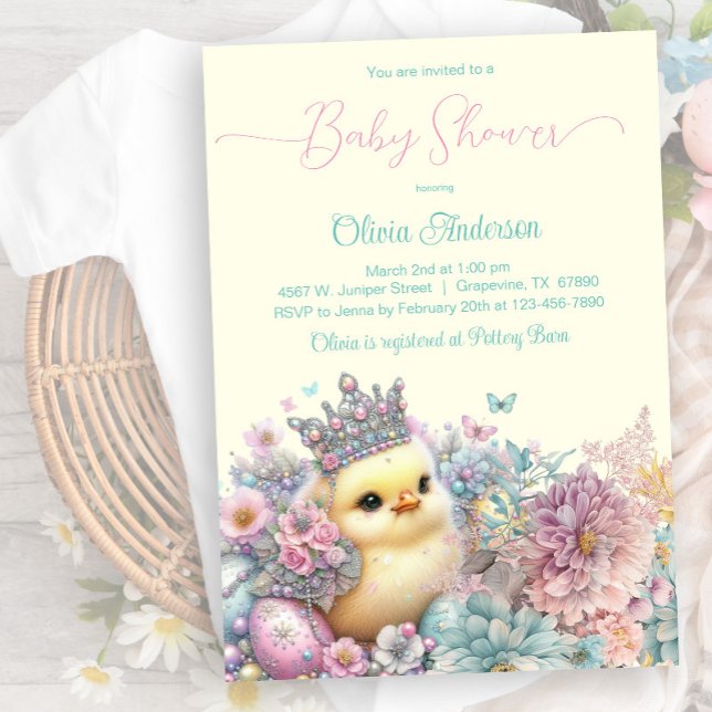 Pastel Easter Chick Baby Shower Invitation (Sweet little chick with pretty eggs, butterflies and flowers. Instant download and printed available)