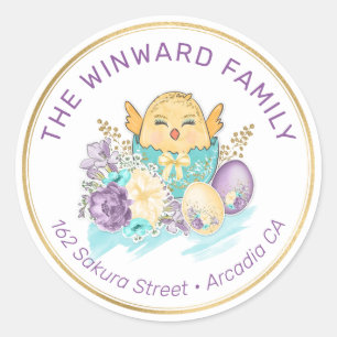 Pastel Easter Chick in Egg Floral Address Classic Round Sticker