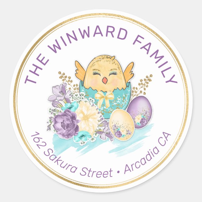 Pastel Easter Chick in Egg Floral Address Classic Round Sticker (Front)