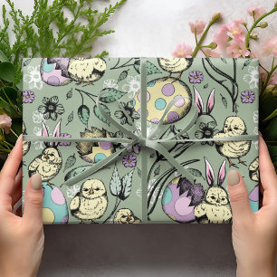 Pastel Easter Chicks & Bunny Ears, Eggs, Flowers Wrapping Paper