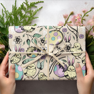 Pastel Easter Chicks & Bunny Ears, Eggs, Flowers Wrapping Paper