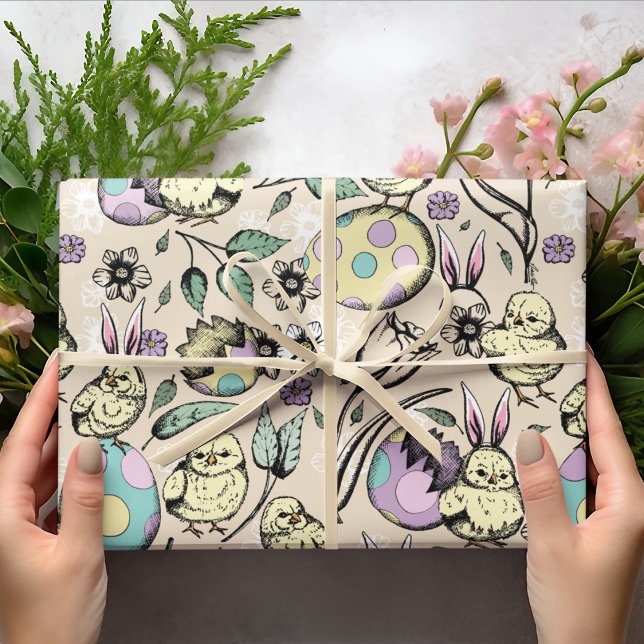 Pastel Easter Chicks & Bunny Ears, Eggs, Flowers Wrapping Paper (Creator Uploaded)