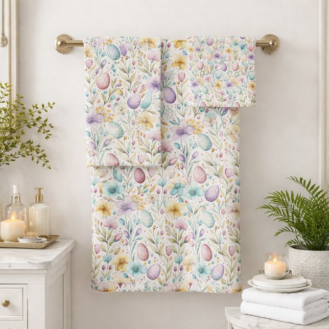Pastel Easter Egg and Spring Floral Pattern Bath Towel Set (Creator Uploaded)