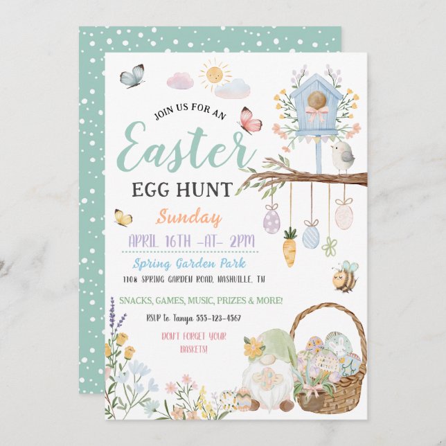 Pastel Easter Egg Hunt Gnomes  Invitation (Front/Back)