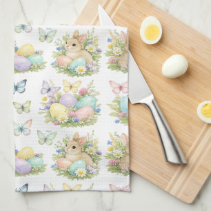 Pastel Easter Eggs & Bunnies Flowers & Butterflies Tea Towel