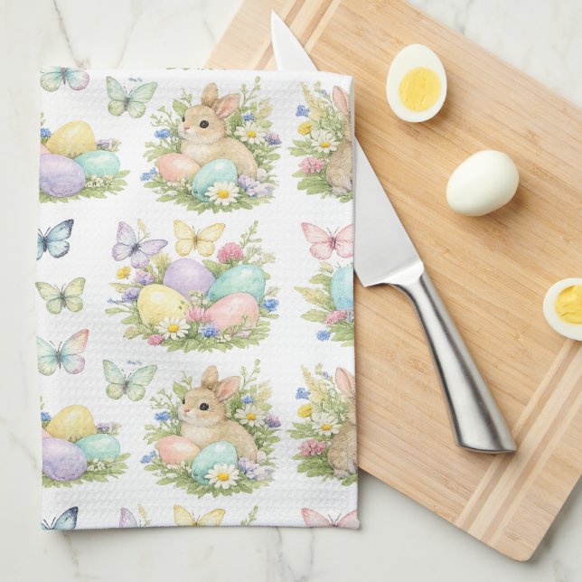 Pastel Easter Eggs & Bunnies Flowers & Butterflies Tea Towel (Quarter Fold)